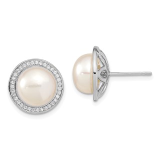 Sterling Silver Rhodium-plated 10-11mm White Button Freshwater Cultured Pearl and CZ Post Earrings