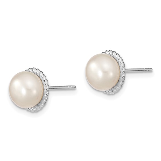 Sterling Silver Rhodium-plated 8-9mm White Button Freshwater Cultured Pearl Post Earrings