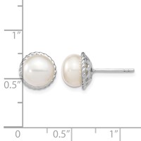 Sterling Silver Rhodium-plated 8-9mm White Button Freshwater Cultured Pearl Post Earrings view 4