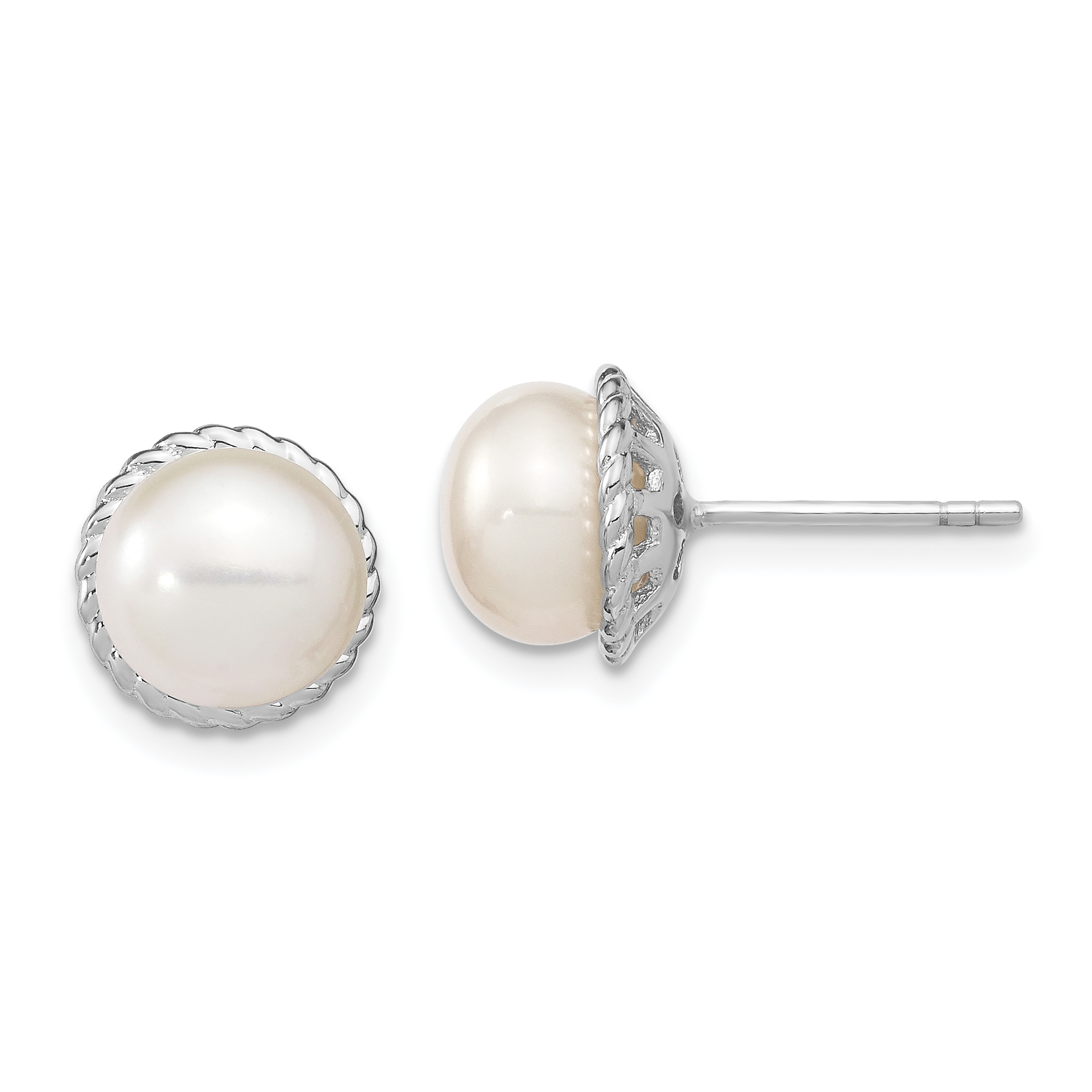 Sterling Silver Rhodium-plated 8-9mm White Button Freshwater Cultured Pearl Post Earrings (QE13872)