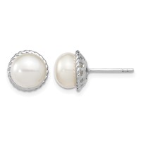 Sterling Silver Rhodium-plated 8-9mm White Button Freshwater Cultured Pearl Post Earrings view 1