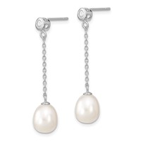 Sterling Silver Rhodium-plated 8-9mm White Rice Freshwater Cultured Pearl and CZ Post Dangle Earrings view 2