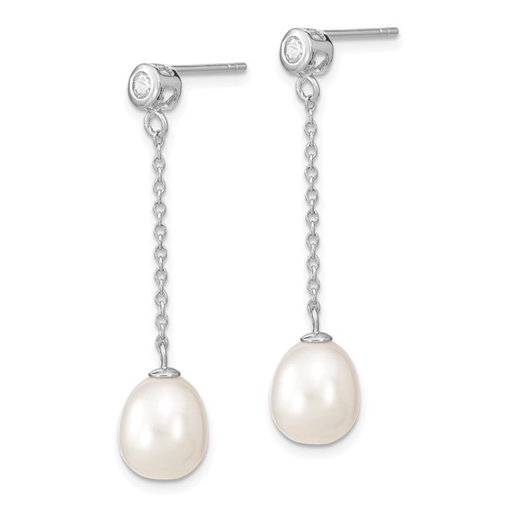 Sterling Silver Rhodium-plated 8-9mm White Rice Freshwater Cultured Pearl and CZ Post Dangle Earrings