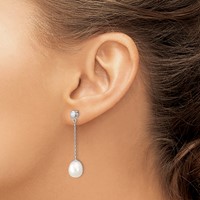 Sterling Silver Rhodium-plated 8-9mm White Rice Freshwater Cultured Pearl and CZ Post Dangle Earrings view 3