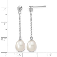 Sterling Silver Rhodium-plated 8-9mm White Rice Freshwater Cultured Pearl and CZ Post Dangle Earrings view 4