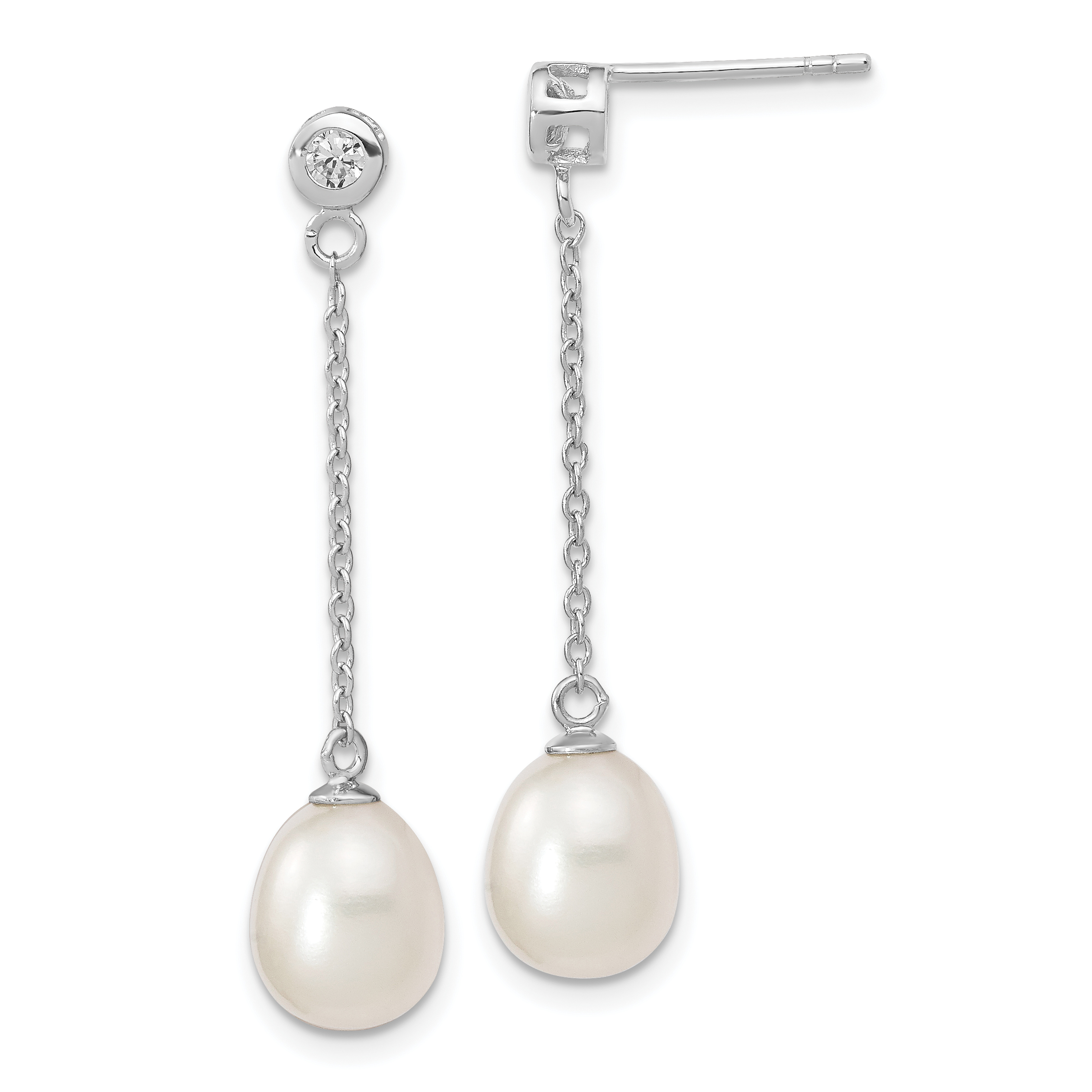 Sterling Silver Rhodium-plated 8-9mm White Rice Freshwater Cultured Pearl and CZ Post Dangle Earrings (QE13873)