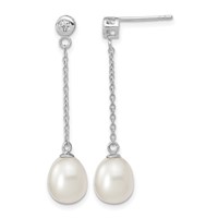 Sterling Silver Rhodium-plated 8-9mm White Rice Freshwater Cultured Pearl and CZ Post Dangle Earrings view 1