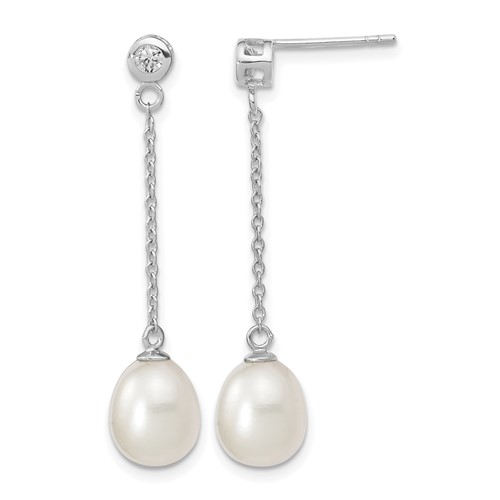 Sterling Silver Rhodium-plated 8-9mm White Rice Freshwater Cultured Pearl and CZ Post Dangle Earrings