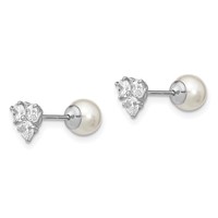 Sterling Silver Rhodium-plated Polished White 5-6mm Imitation Shell Pearl & CZ Reversible Post Earrings view 2