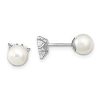 Sterling Silver Rhodium-plated Polished White 5-6mm Imitation Shell Pearl & CZ Reversible Post Earrings view 4