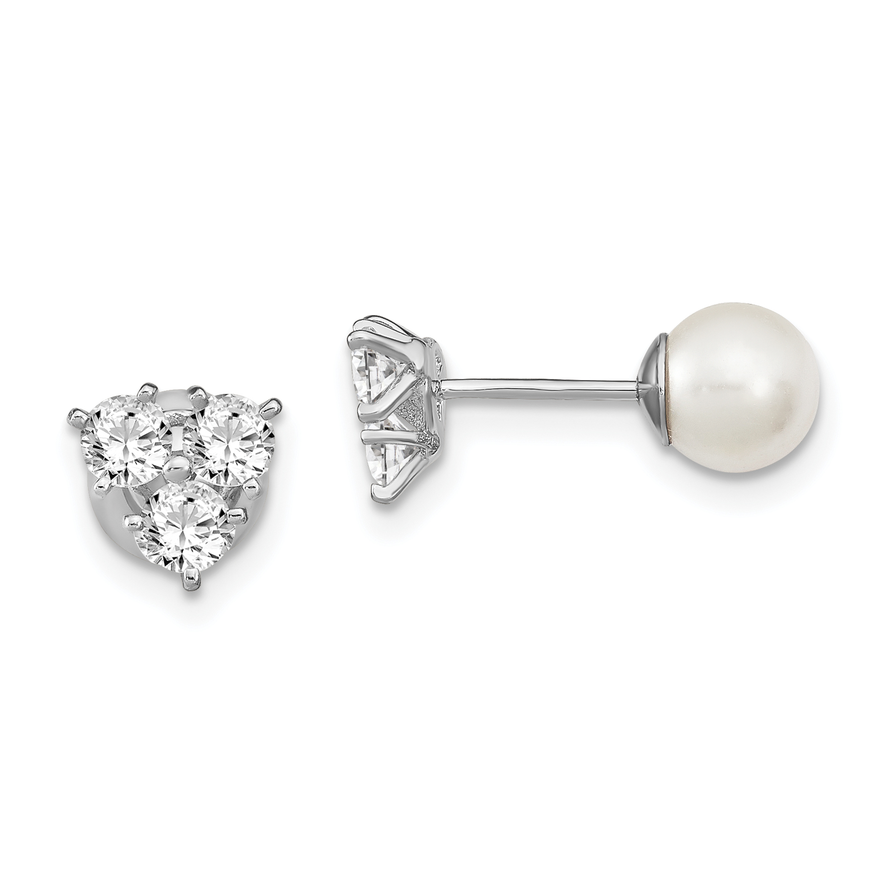 Sterling Silver Rhodium-plated Polished White 5-6mm Imitation Shell Pearl & CZ Reversible Post Earrings (QE13875)