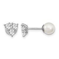 Sterling Silver Rhodium-plated Polished White 5-6mm Imitation Shell Pearl & CZ Reversible Post Earrings view 1