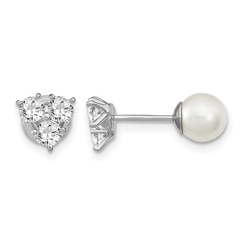 Sterling Silver Rhodium-plated Polished White 5-6mm Imitation Shell Pearl & CZ Reversible Post Earrings
