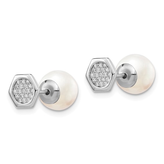 Sterling Silver Rhodium-plated Polished White 8-9mm Imititation Shell Pearl & CZ Hexagon Reversible Post Earrings