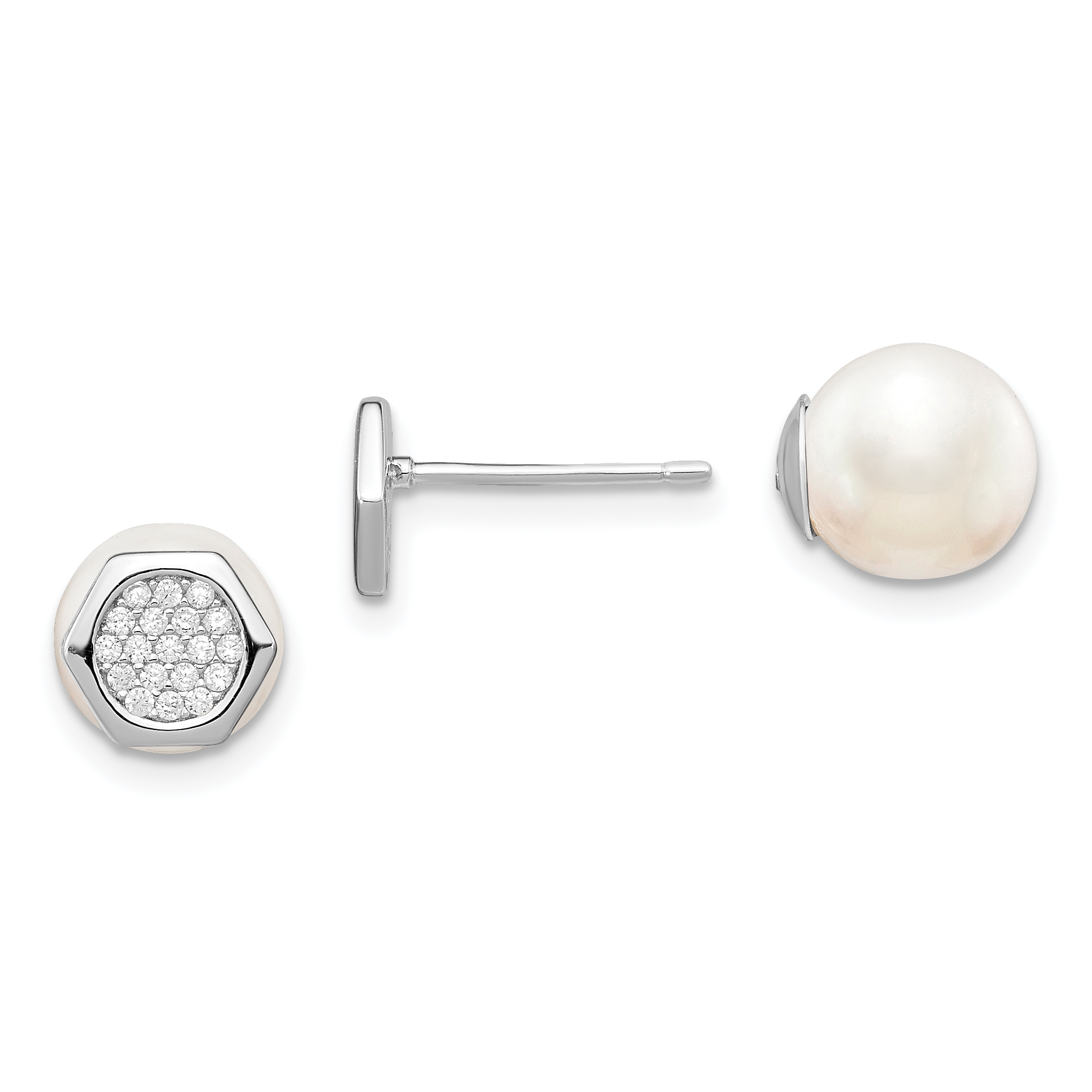 Sterling Silver Rhodium-plated Polished White 8-9mm Imititation Shell Pearl & CZ Hexagon Reversible Post Earrings (QE13876)