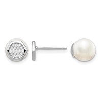 Sterling Silver Rhodium-plated Polished White 8-9mm Imititation Shell Pearl & CZ Hexagon Reversible Post Earrings view 1