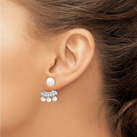 Sterling Silver Rhodium-plated 5-8mm White Button Freshwater Cultured Pearl and CZ Post Earrings with Earring Jackets