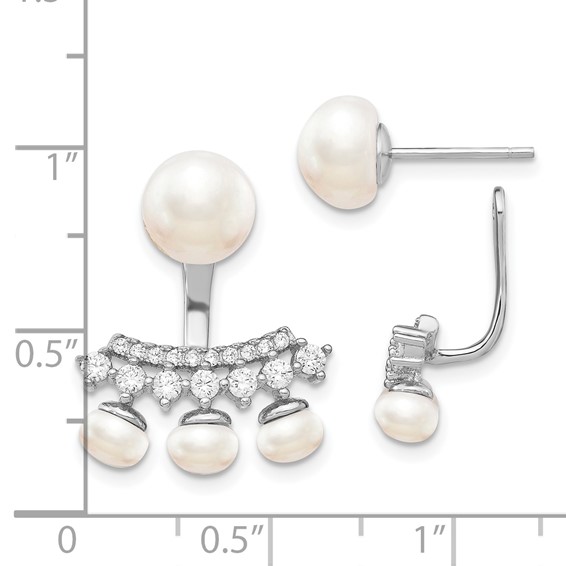 Sterling Silver Rhodium-plated 5-8mm White Button Freshwater Cultured Pearl and CZ Post Earrings with Earring Jackets