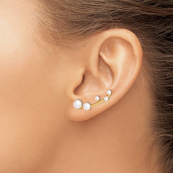 Sterling Silver Gold-tone Flash Gold-plated 3-6mm White Round Freshwater Cultured Pearl Ear Climber Earrings