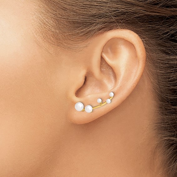 Sterling Silver Gold-tone Flash Gold-plated 3-6mm White Round Freshwater Cultured Pearl Ear Climber Earrings
