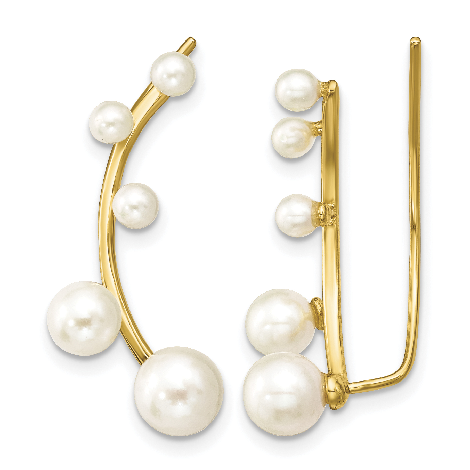 Sterling Silver Gold-tone Flash Gold-plated 3-6mm White Round Freshwater Cultured Pearl Ear Climber Earrings (QE13884)