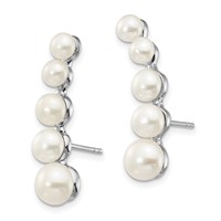 Sterling Silver Rhodium-plated 4-6mm White Freshwater Cultured Pearl Post Ear Climber Earrings view 2