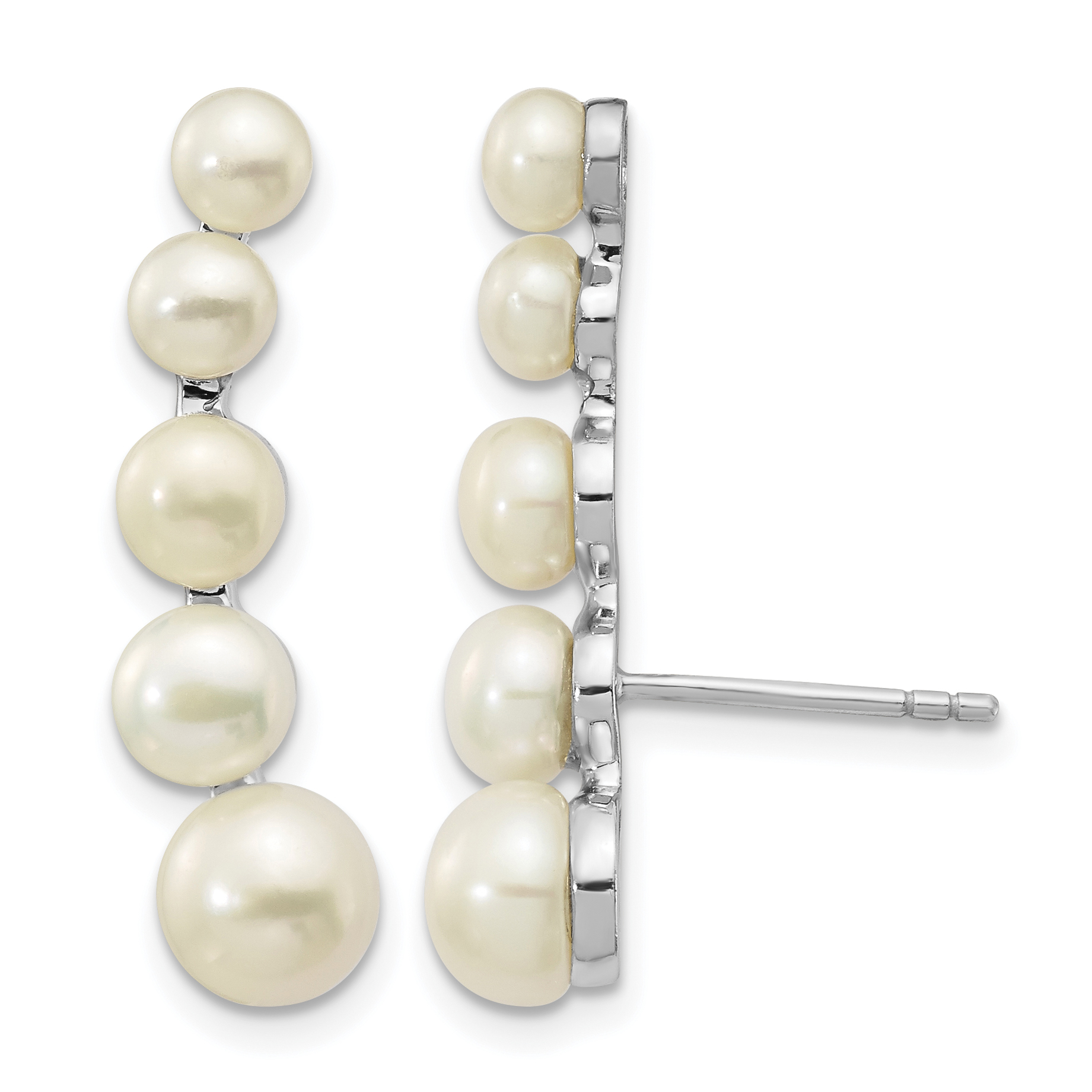 Sterling Silver Rhodium-plated 4-6mm White Freshwater Cultured Pearl Post Ear Climber Earrings (QE13885)