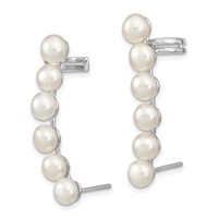 Sterling Silver Rhodium-plated 5-6mm White Button Freshwater Cultured Pearl Post Ear Climber and Cuff Earrings view 2