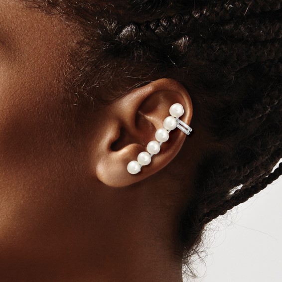 Sterling Silver Rhodium-plated 5-6mm White Button Freshwater Cultured Pearl Post Ear Climber and Cuff Earrings