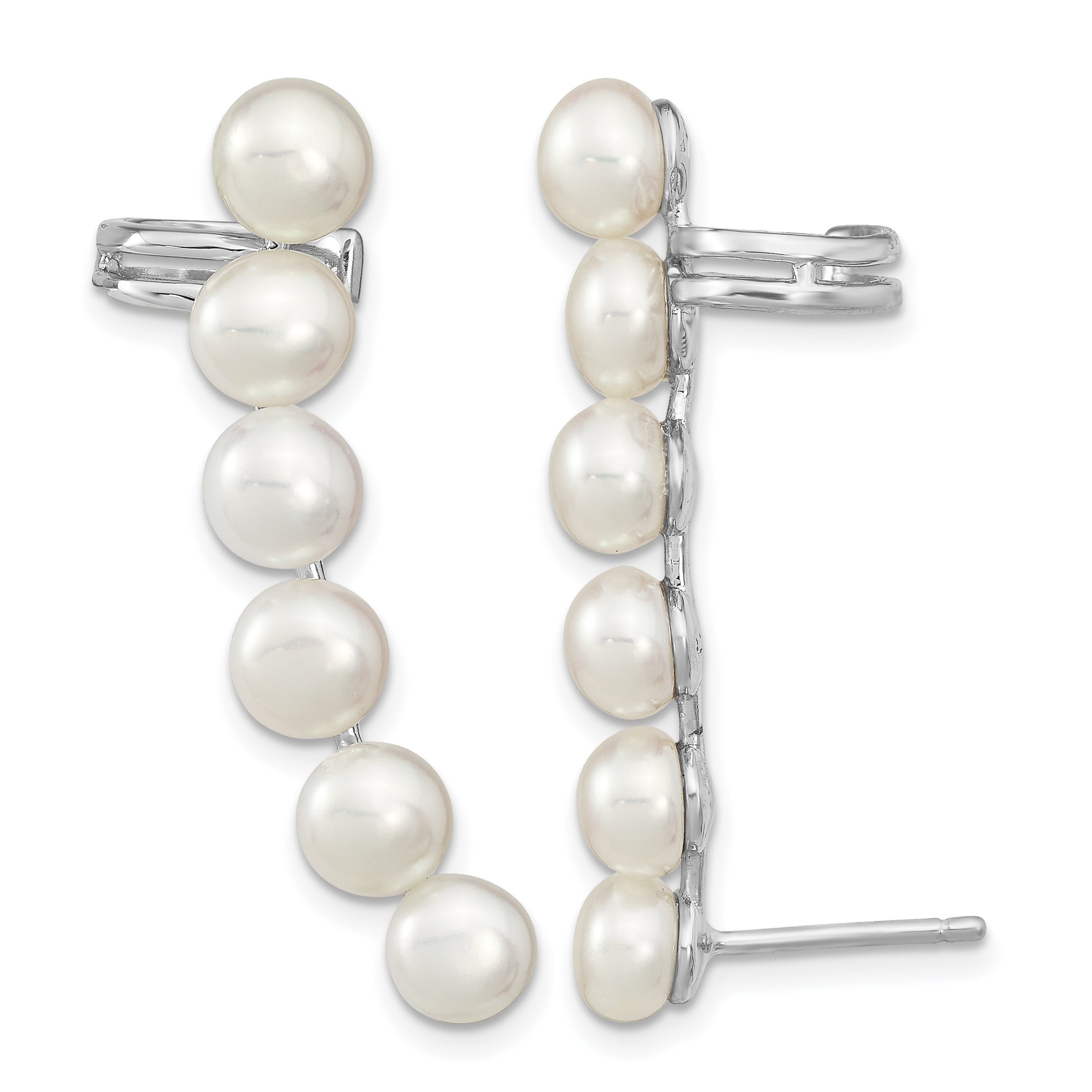 Sterling Silver Rhodium-plated 5-6mm White Button Freshwater Cultured Pearl Post Ear Climber and Cuff Earrings (QE13886)