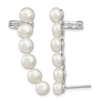 Sterling Silver Rhodium-plated 5-6mm White Button Freshwater Cultured Pearl Post Ear Climber and Cuff Earrings view 1
