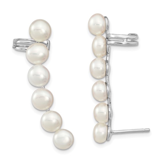 Sterling Silver Rhodium-plated 5-6mm White Button Freshwater Cultured Pearl Post Ear Climber and Cuff Earrings