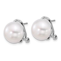 Sterling Silver Rhodium-plated 12-13mm White Button Freshwater Cultured Pearl Omega Back Earrings view 2