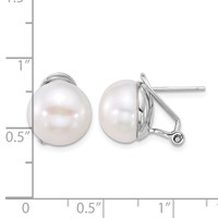 Sterling Silver Rhodium-plated 12-13mm White Button Freshwater Cultured Pearl Omega Back Earrings view 4