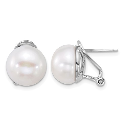 Sterling Silver Rhodium-plated 12-13mm White Button Freshwater Cultured Pearl Omega Back Earrings