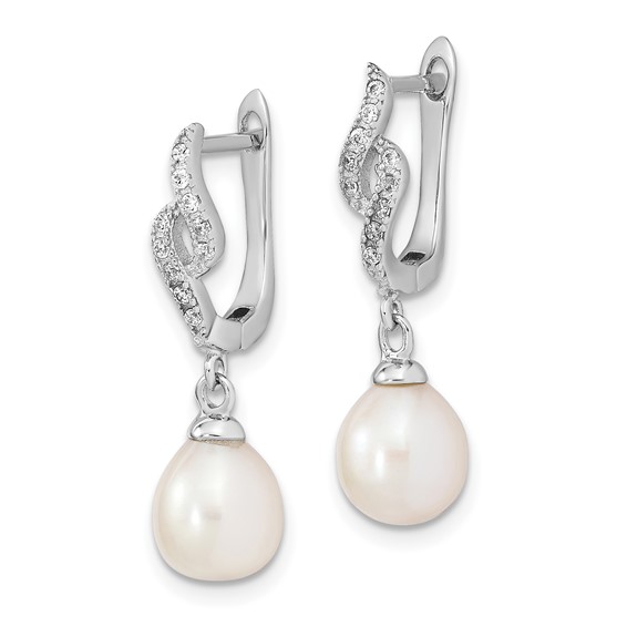 Sterling Silver Rhodium-plated 7-8mm White Teardrop Freshwater Cultured Pearl and CZ Dangle Leverback Earrings