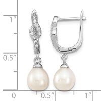 Sterling Silver Rhodium-plated 7-8mm White Teardrop Freshwater Cultured Pearl and CZ Dangle Leverback Earrings view 4