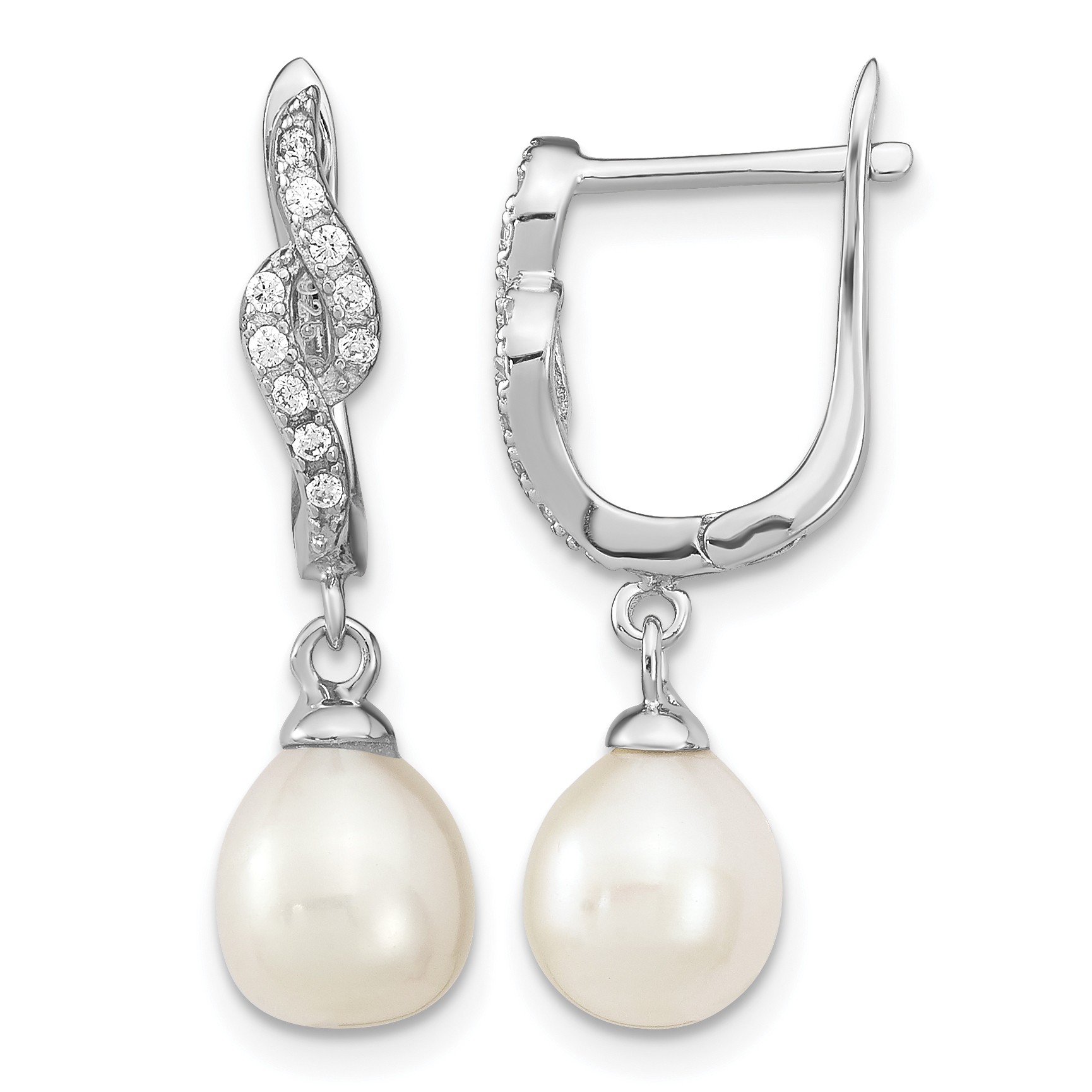 Sterling Silver Rhodium-plated 7-8mm White Teardrop Freshwater Cultured Pearl and CZ Dangle Leverback Earrings (QE13889)