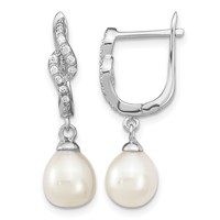 Sterling Silver Rhodium-plated 7-8mm White Teardrop Freshwater Cultured Pearl and CZ Dangle Leverback Earrings view 1