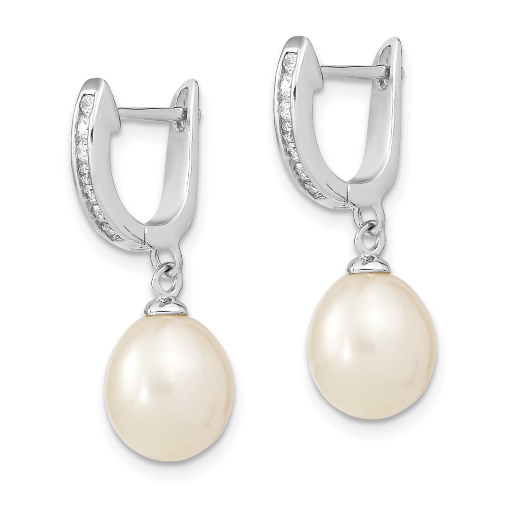Sterling Silver Rhodium-plated 8-9mm White Rice Freshwater Cultured Pearl and CZ Dangle Hoop Earrings (QE13892)