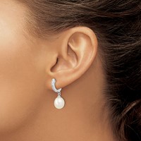 Sterling Silver Rhodium-plated 8-9mm White Rice Freshwater Cultured Pearl and CZ Dangle Hoop Earrings view 3