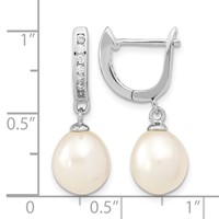 Sterling Silver Rhodium-plated 8-9mm White Rice Freshwater Cultured Pearl and CZ Dangle Hoop Earrings view 4