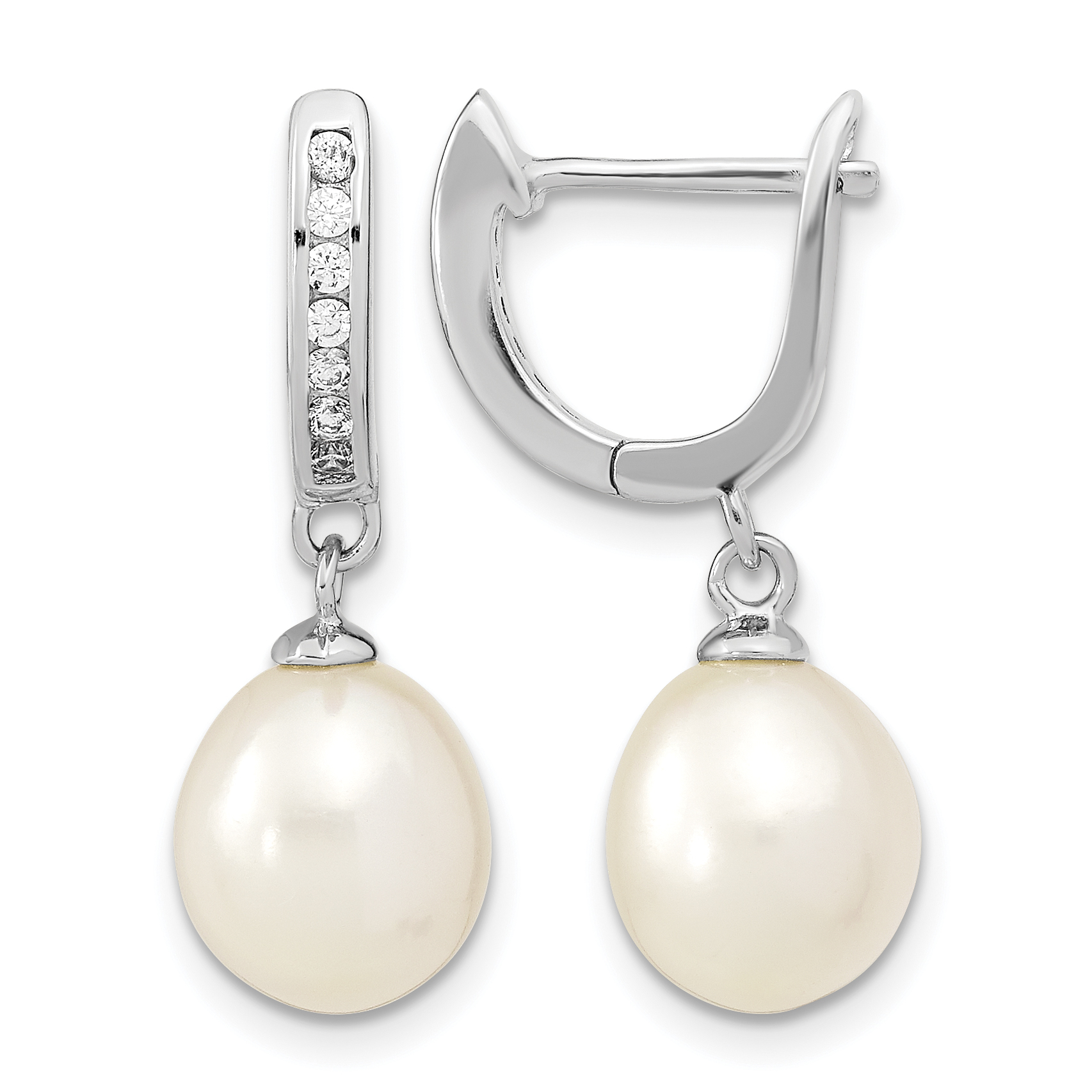 Sterling Silver Rhodium-plated 8-9mm White Rice Freshwater Cultured Pearl and CZ Dangle Hoop Earrings (QE13892)