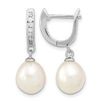 Sterling Silver Rhodium-plated 8-9mm White Rice Freshwater Cultured Pearl and CZ Dangle Hoop Earrings view 1