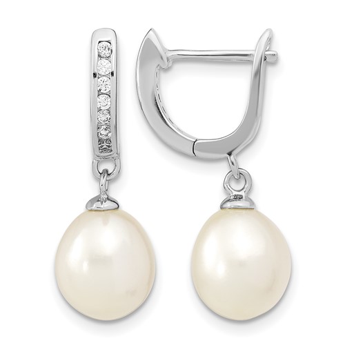 Sterling Silver Rhodium-plated 8-9mm White Rice Freshwater Cultured Pearl and CZ Dangle Hoop Earrings