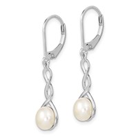Sterling Silver Rhodium-plated Twisted 7-8mm White Button Freshwater Cultured Pearl Leverback Dangle Earrings view 2