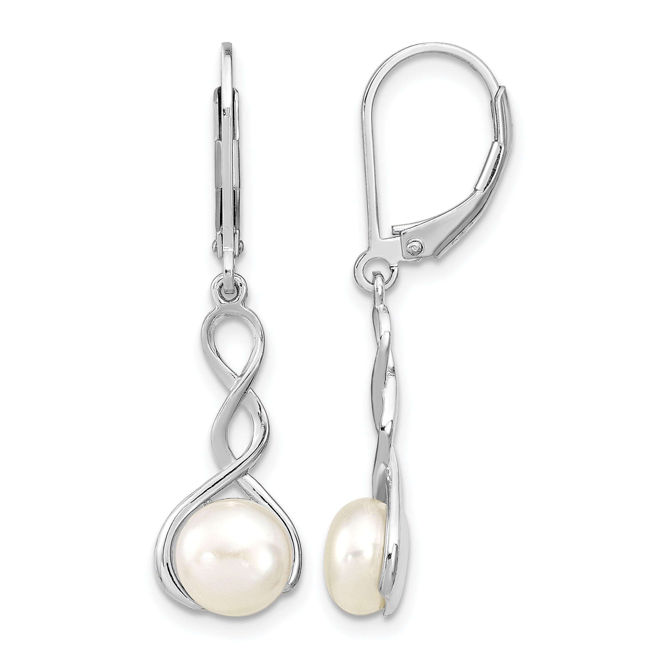 Sterling Silver Rhodium-plated Twisted 7-8mm White Button Freshwater Cultured Pearl Leverback Dangle Earrings (QE13895)