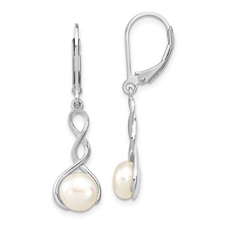 Sterling Silver Rhodium-plated Twisted 7-8mm White Button Freshwater Cultured Pearl Leverback Dangle Earrings