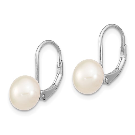 Sterling Silver Rhodium-plated 8-9mm White Button Freshwater Cultured Pearl Leverback Earrings