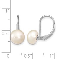 Sterling Silver Rhodium-plated 8-9mm White Button Freshwater Cultured Pearl Leverback Earrings view 4